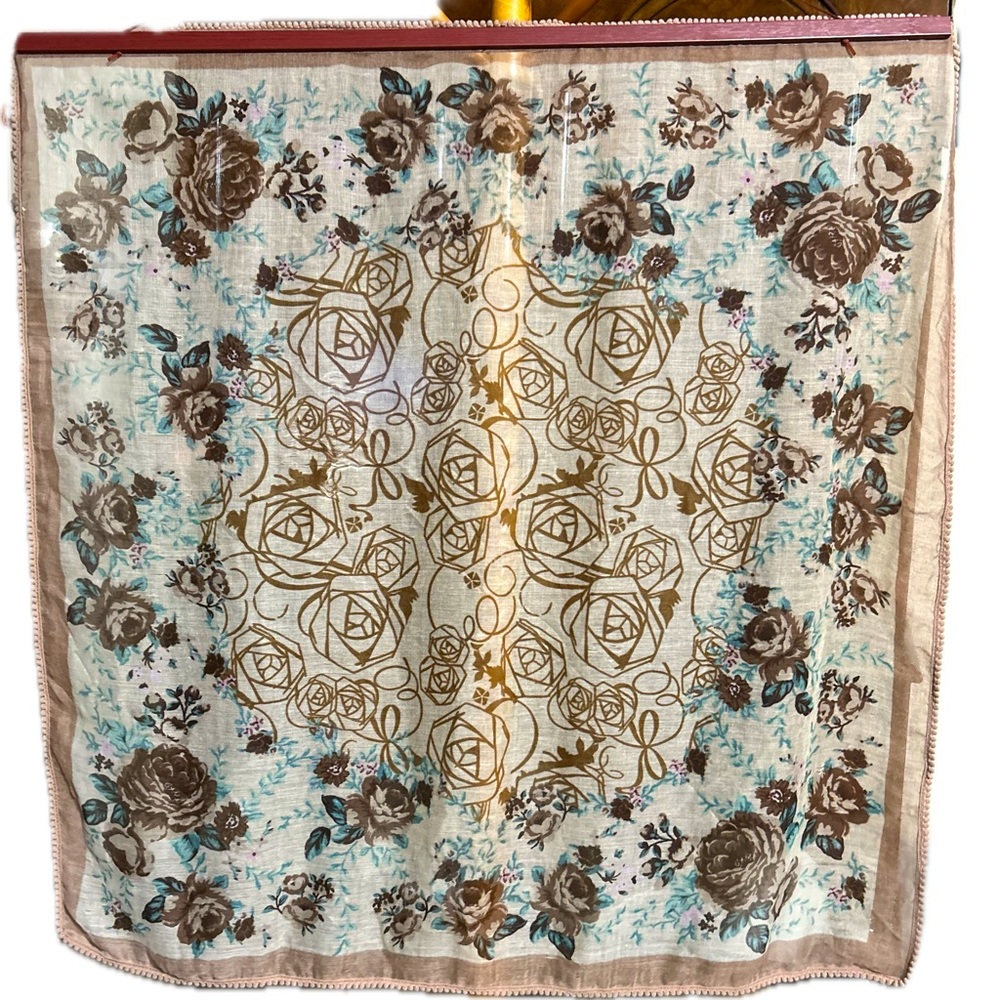 Sheer Blue Roses Floral Print 38” X 38” Scarf/Shawl Woven w Soft Trim & Tassles